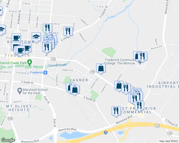map of restaurants, bars, coffee shops, grocery stores, and more near 500 East Patrick Street in Frederick