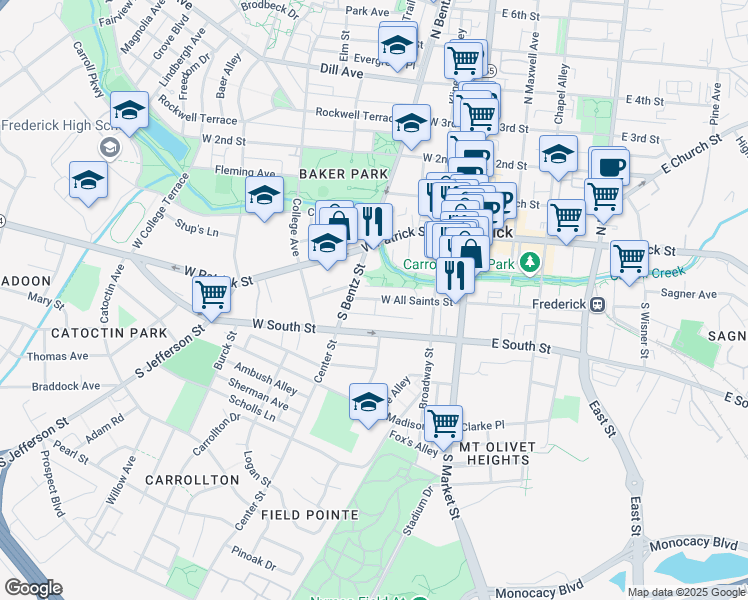 map of restaurants, bars, coffee shops, grocery stores, and more near 173 W All Saints St in Frederick