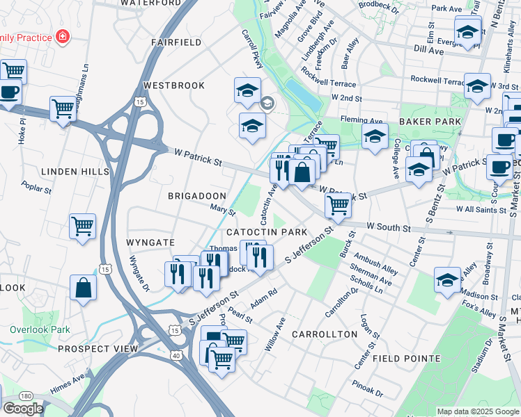 map of restaurants, bars, coffee shops, grocery stores, and more near 109 Catoctin Avenue in Frederick