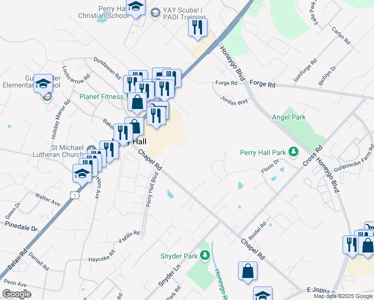 map of restaurants, bars, coffee shops, grocery stores, and more near 9630 Dietz Place in Perry Hall