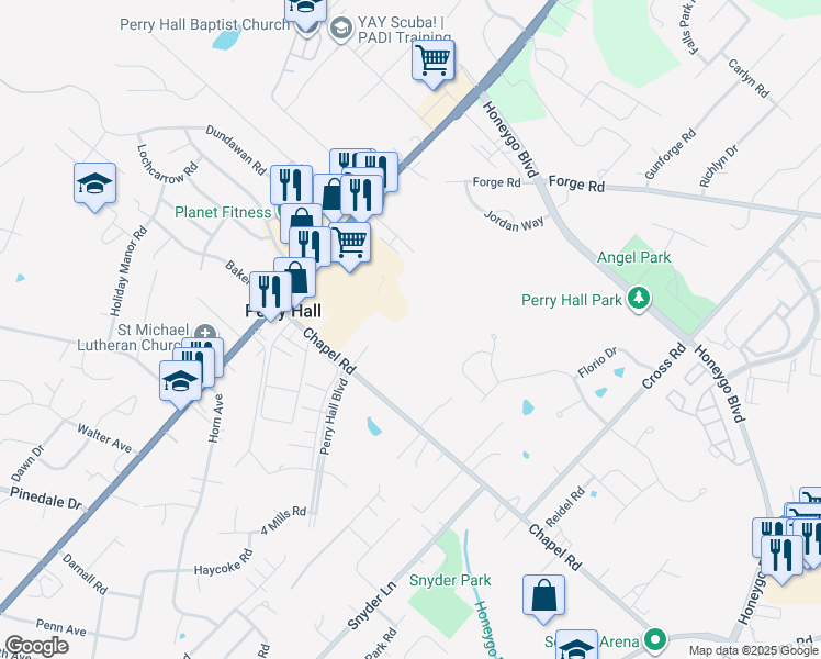 map of restaurants, bars, coffee shops, grocery stores, and more near 9630 Belair Road in Baltimore