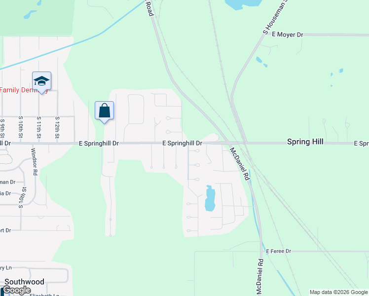 map of restaurants, bars, coffee shops, grocery stores, and more near 1840 East Springhill Drive in Terre Haute