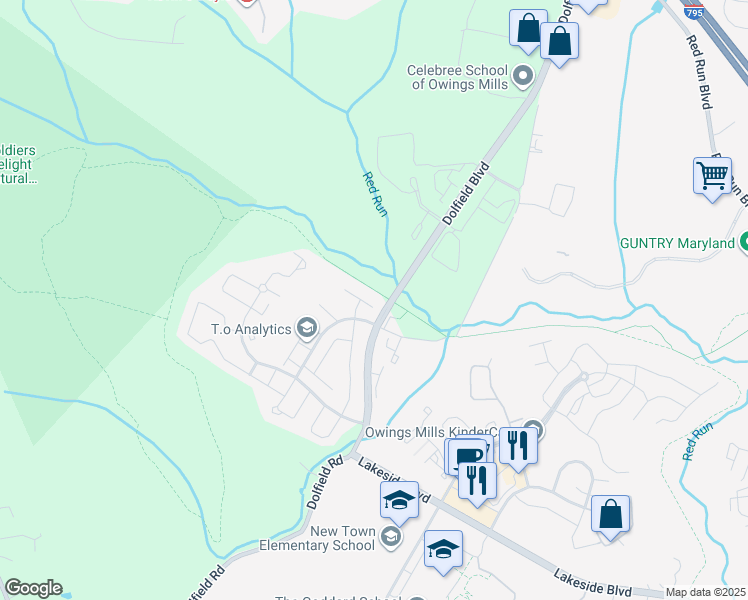 map of restaurants, bars, coffee shops, grocery stores, and more near 5000 Hollington Drive in Owings Mills