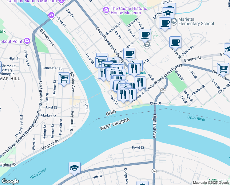 map of restaurants, bars, coffee shops, grocery stores, and more near 178 Front Street in Marietta