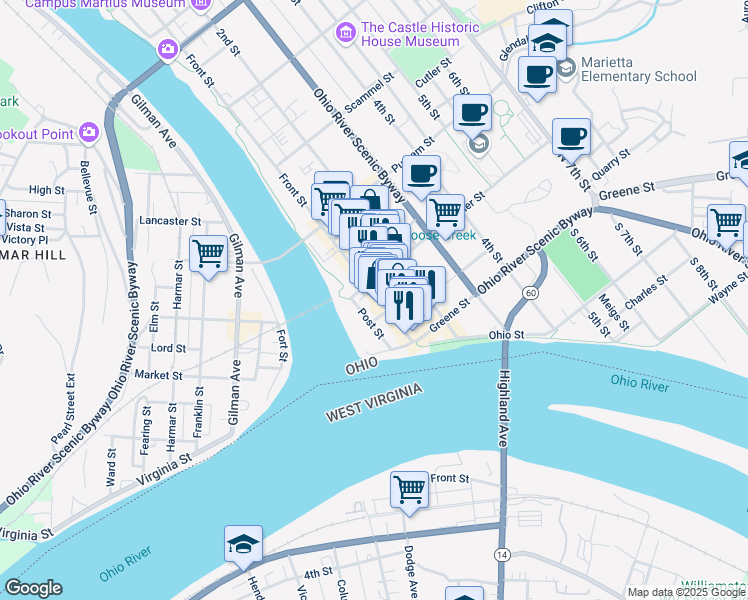 map of restaurants, bars, coffee shops, grocery stores, and more near 177 Front Street in Marietta