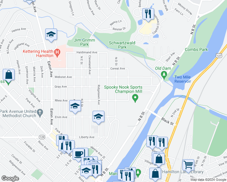 map of restaurants, bars, coffee shops, grocery stores, and more near 623 North D Street in Hamilton