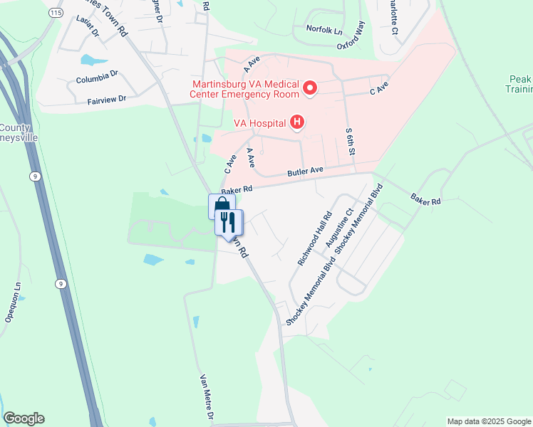 map of restaurants, bars, coffee shops, grocery stores, and more near 11 Aberdeen Drive in Kearneysville