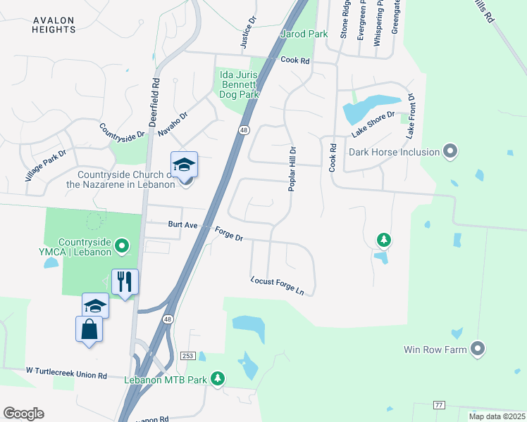 map of restaurants, bars, coffee shops, grocery stores, and more near 313 Ivy Forge in Lebanon