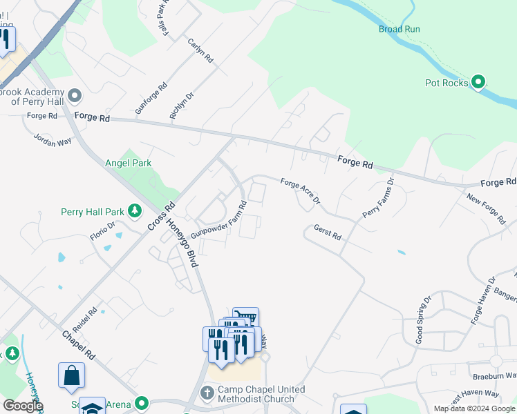 map of restaurants, bars, coffee shops, grocery stores, and more near 9752 Harvester Circle in Perry Hall