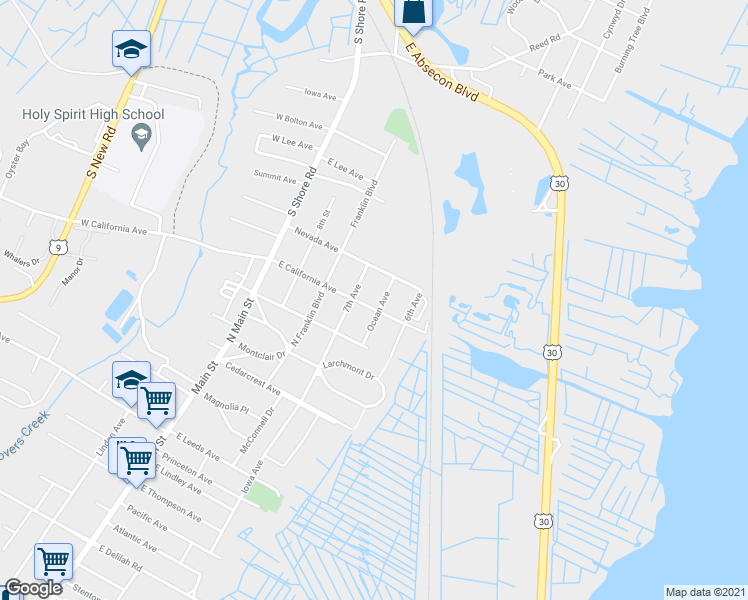 map of restaurants, bars, coffee shops, grocery stores, and more near 1505 Ocean Avenue in Pleasantville