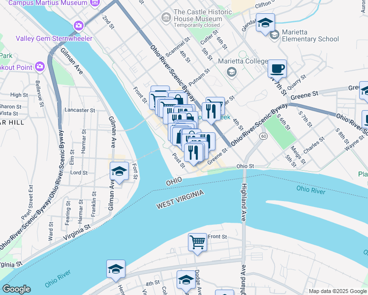 map of restaurants, bars, coffee shops, grocery stores, and more near 178 Front Street in Marietta