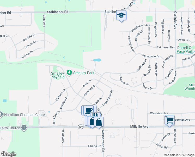 map of restaurants, bars, coffee shops, grocery stores, and more near 334 Warr Lane in Hamilton