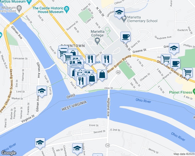 map of restaurants, bars, coffee shops, grocery stores, and more near 223 Greene Street in Marietta