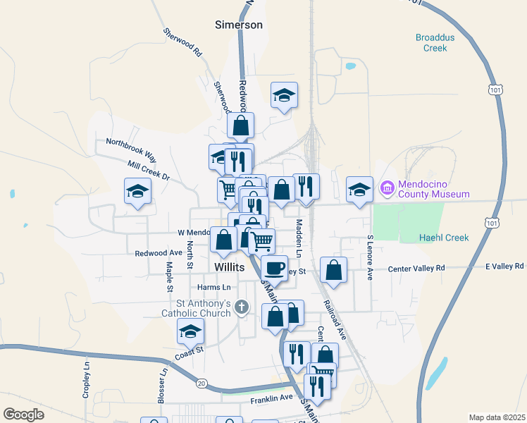map of restaurants, bars, coffee shops, grocery stores, and more near 85 East Commercial Street in Willits