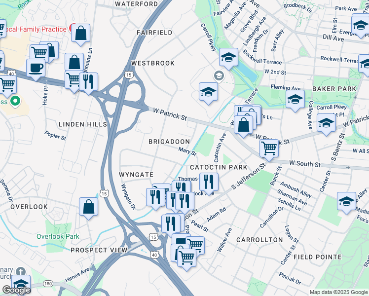 map of restaurants, bars, coffee shops, grocery stores, and more near 13 James Street in Frederick