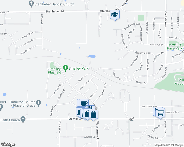 map of restaurants, bars, coffee shops, grocery stores, and more near 308 Warr Lane in Hamilton