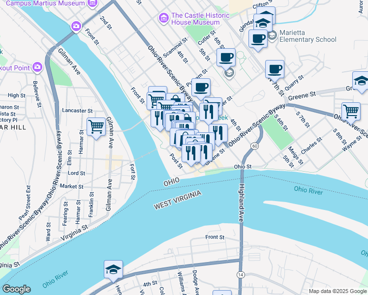 map of restaurants, bars, coffee shops, grocery stores, and more near 174 Front Street in Marietta