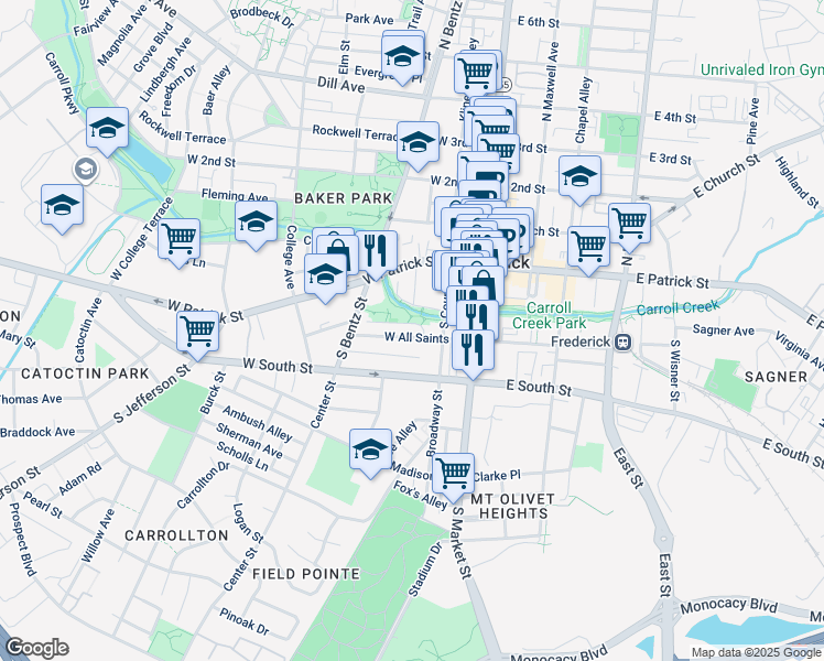 map of restaurants, bars, coffee shops, grocery stores, and more near 137 West All Saints Street in Frederick