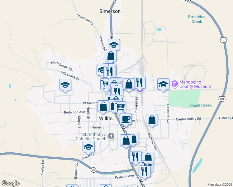 map of restaurants, bars, coffee shops, grocery stores, and more near 66-98 East Commercial Street in Willits