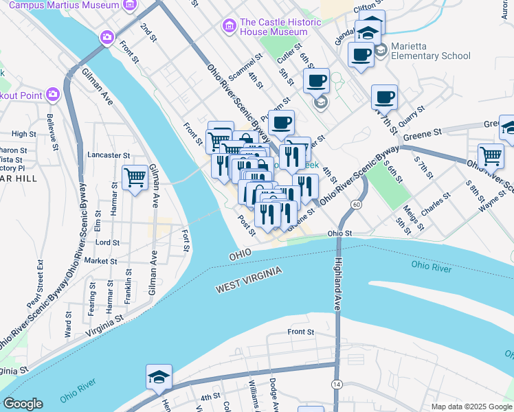 map of restaurants, bars, coffee shops, grocery stores, and more near 178 Front Street in Marietta