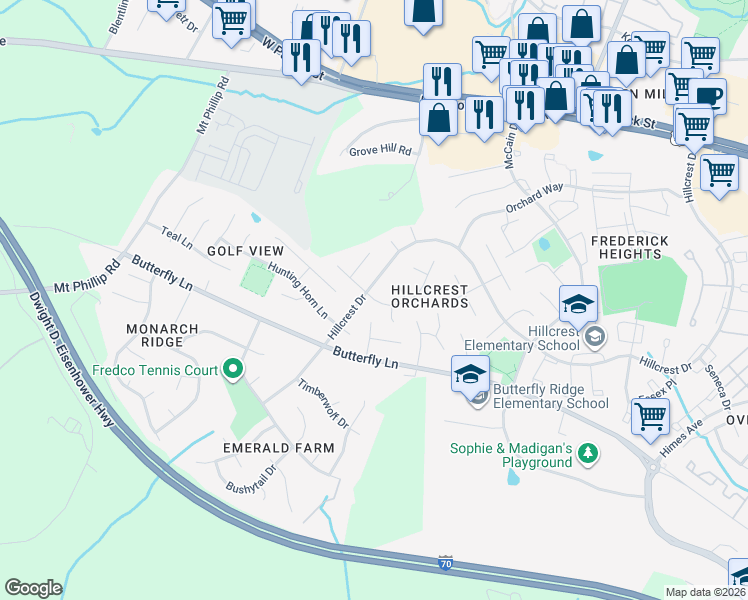 map of restaurants, bars, coffee shops, grocery stores, and more near 1398 Rollinghouse Drive in Frederick