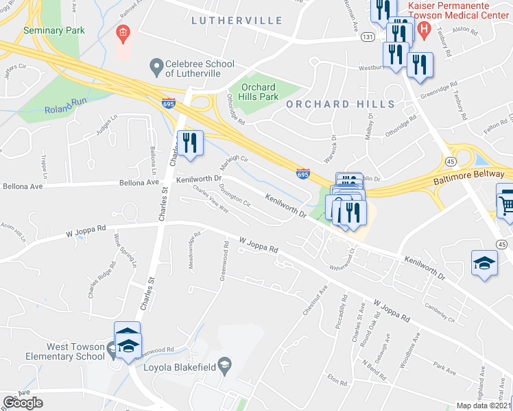 map of restaurants, bars, coffee shops, grocery stores, and more near 1019 Kenilworth Drive in Towson