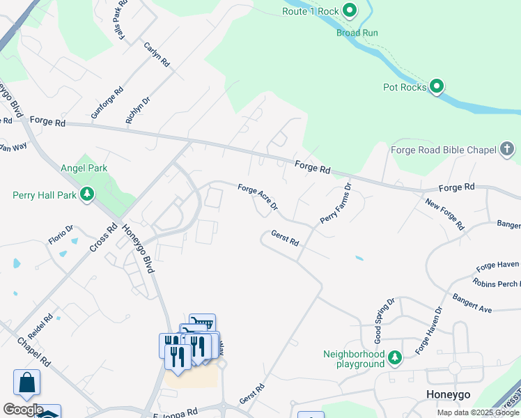 map of restaurants, bars, coffee shops, grocery stores, and more near 9736 Morningview Circle in Perry Hall