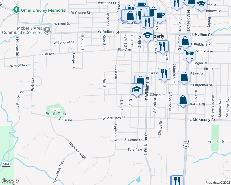 map of restaurants, bars, coffee shops, grocery stores, and more near 605 Gilman Street in Moberly