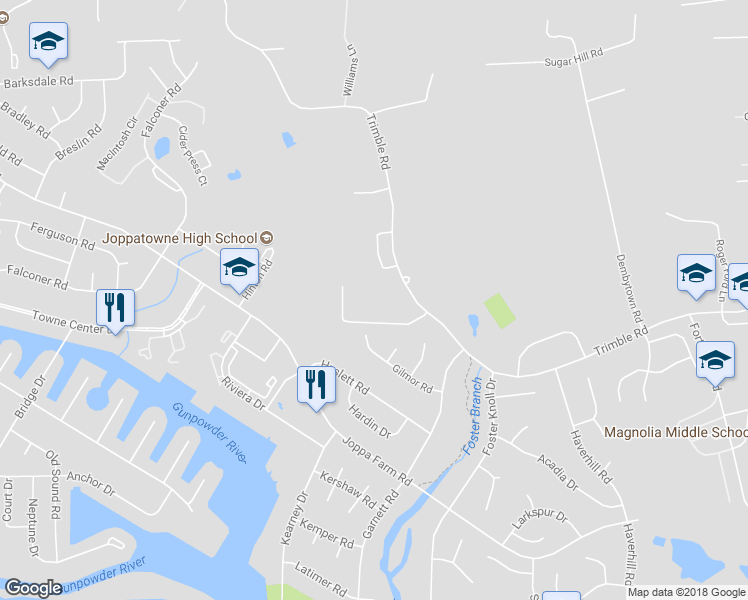 map of restaurants, bars, coffee shops, grocery stores, and more near 502 Foster Branch Road in Harford County
