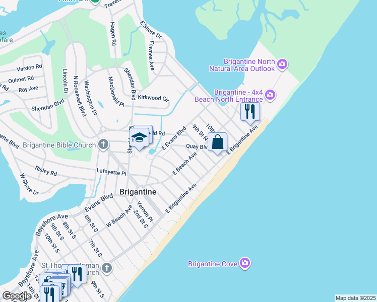 map of restaurants, bars, coffee shops, grocery stores, and more near 106 Quay Boulevard in Brigantine