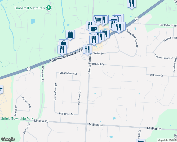map of restaurants, bars, coffee shops, grocery stores, and more near 5696 Liberty Fairfield Road in Butler County