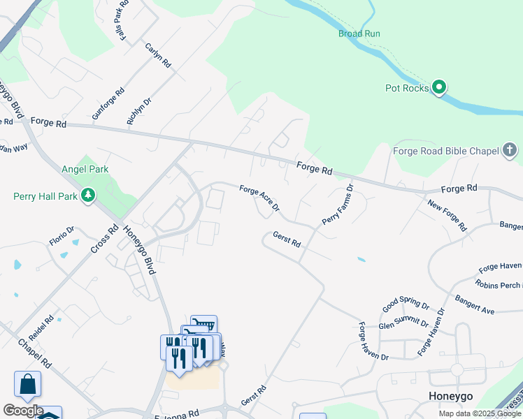 map of restaurants, bars, coffee shops, grocery stores, and more near 9736 Morningview Circle in Perry Hall