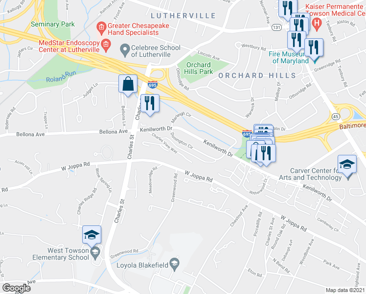 map of restaurants, bars, coffee shops, grocery stores, and more near 1117 Donington Circle in Towson