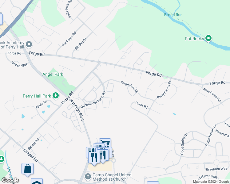map of restaurants, bars, coffee shops, grocery stores, and more near 9736 Harvester Circle in Perry Hall