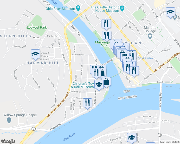 map of restaurants, bars, coffee shops, grocery stores, and more near 828 Front Street in Marietta
