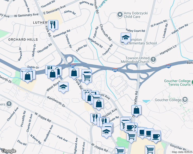 map of restaurants, bars, coffee shops, grocery stores, and more near 17 Wilfred Court in Towson