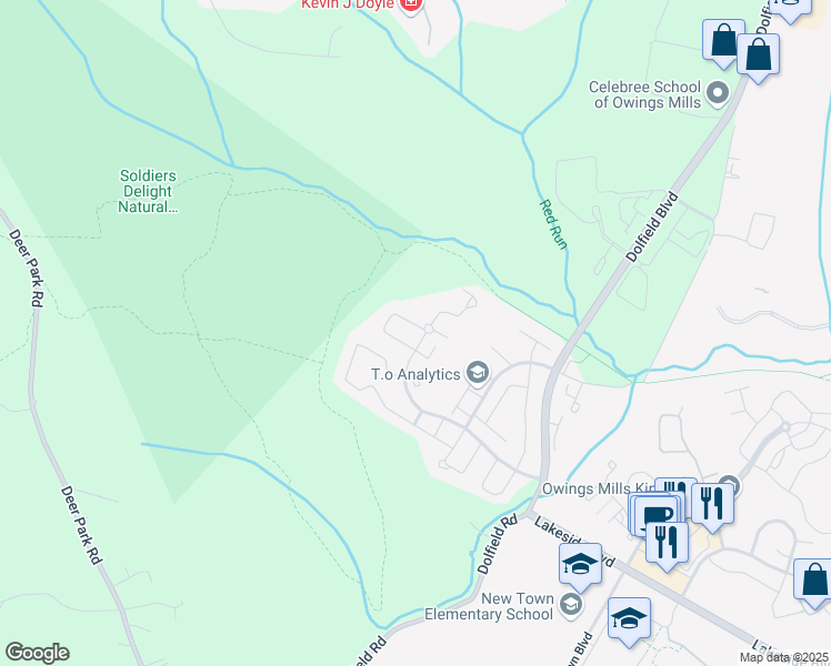 map of restaurants, bars, coffee shops, grocery stores, and more near 9896 Bayline Circle in Owings Mills