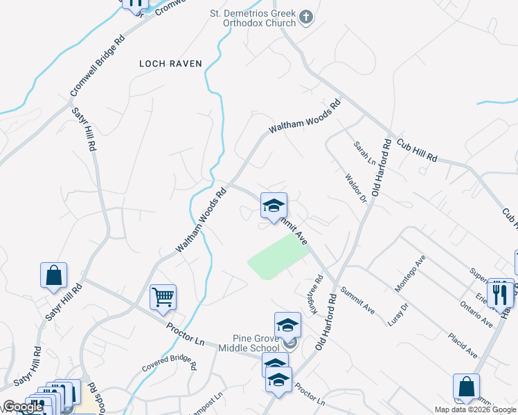 map of restaurants, bars, coffee shops, grocery stores, and more near 42 Strabane Court in Parkville
