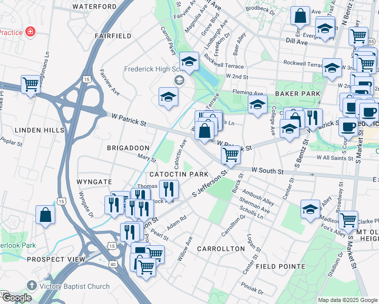 map of restaurants, bars, coffee shops, grocery stores, and more near 423 Columbus Avenue in Frederick