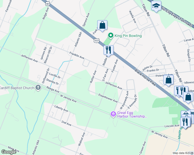 map of restaurants, bars, coffee shops, grocery stores, and more near 304 Jefferson Avenue in Egg Harbor Township