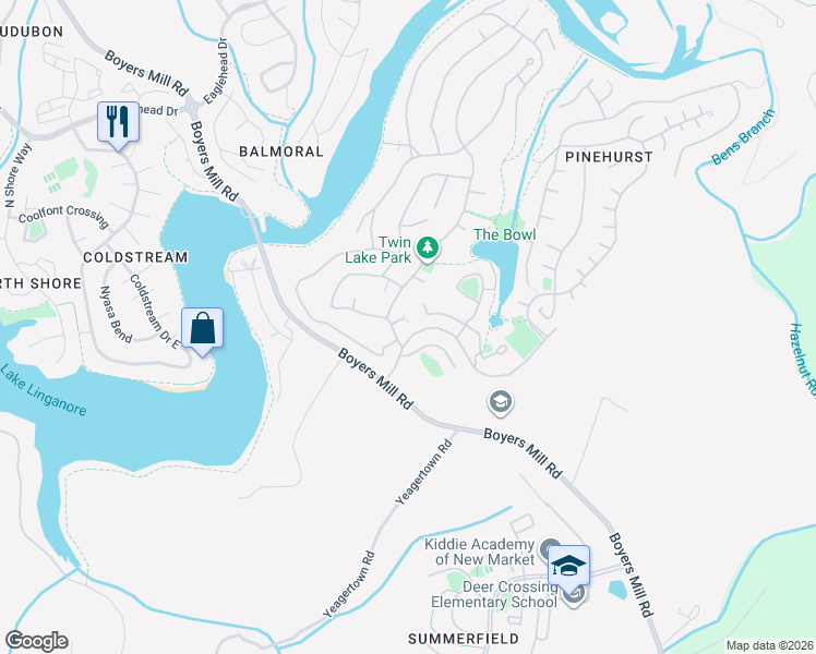 map of restaurants, bars, coffee shops, grocery stores, and more near 6507 Rimrock Place in New Market