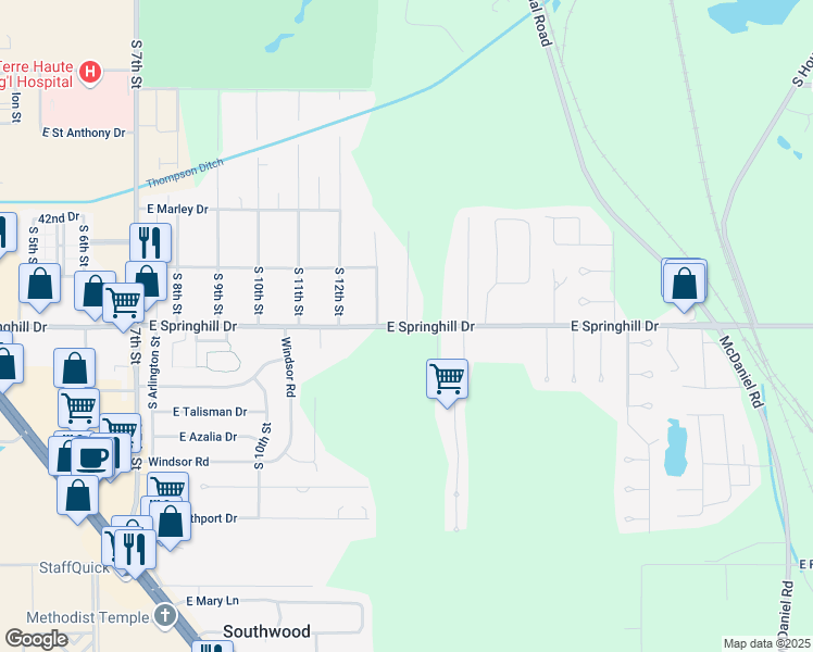 map of restaurants, bars, coffee shops, grocery stores, and more near 1344 East Springhill Drive in Terre Haute