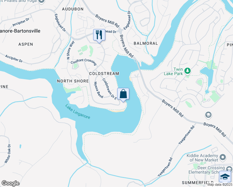 map of restaurants, bars, coffee shops, grocery stores, and more near 10304 Maracaibo Mews in New Market