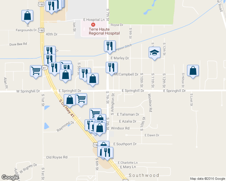 map of restaurants, bars, coffee shops, grocery stores, and more near 745 East Springhill Drive in Terre Haute