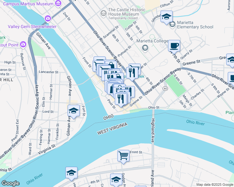 map of restaurants, bars, coffee shops, grocery stores, and more near 178 Front Street in Marietta