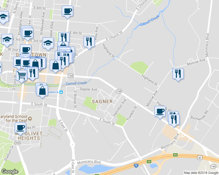 map of restaurants, bars, coffee shops, grocery stores, and more near 444 East Patrick Street in Frederick