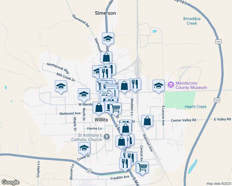 map of restaurants, bars, coffee shops, grocery stores, and more near 85 East Commercial Street in Willits