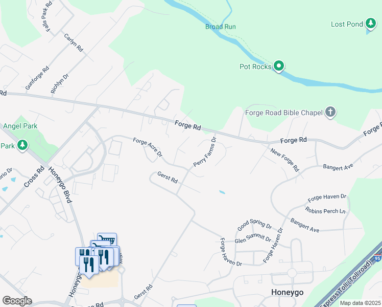 map of restaurants, bars, coffee shops, grocery stores, and more near 8 Farm Brook Court in Perry Hall