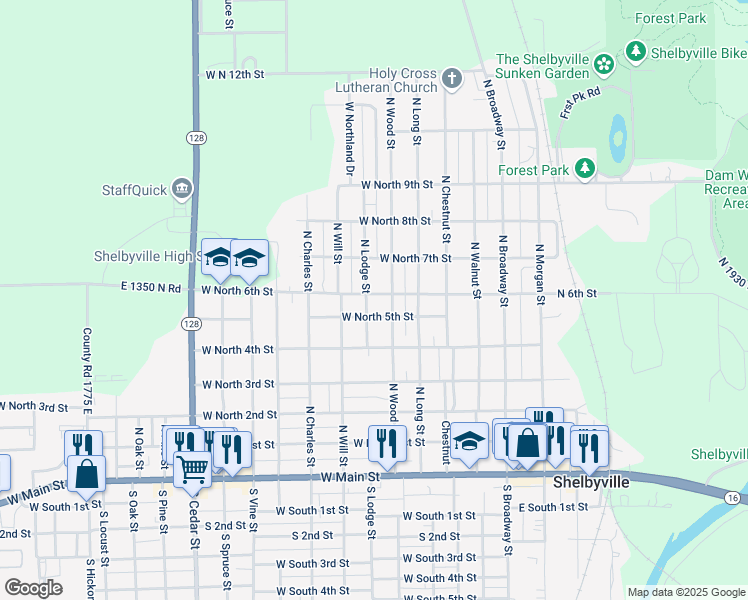 map of restaurants, bars, coffee shops, grocery stores, and more near 600-698 West North 6th Street in Shelbyville