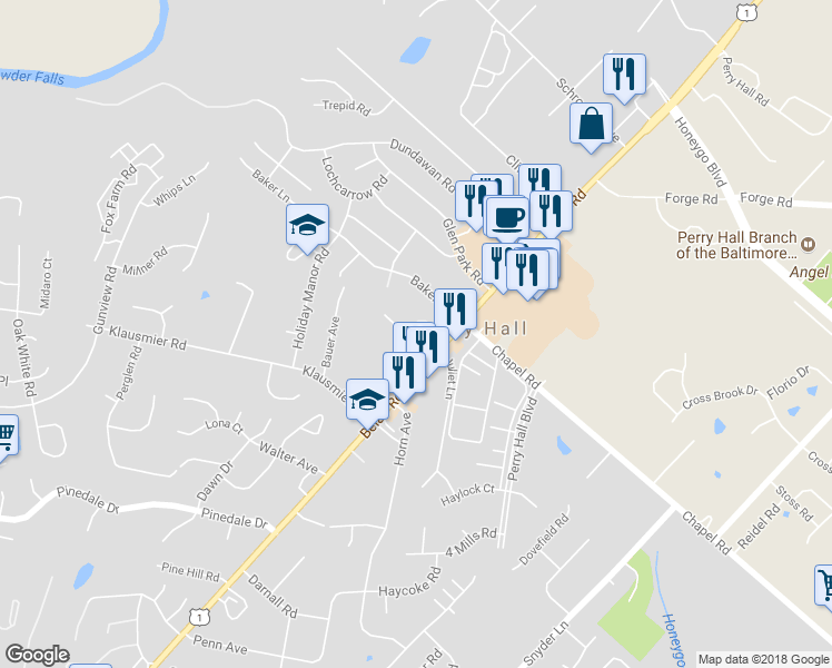map of restaurants, bars, coffee shops, grocery stores, and more near 4118 Perry View Road in Nottingham